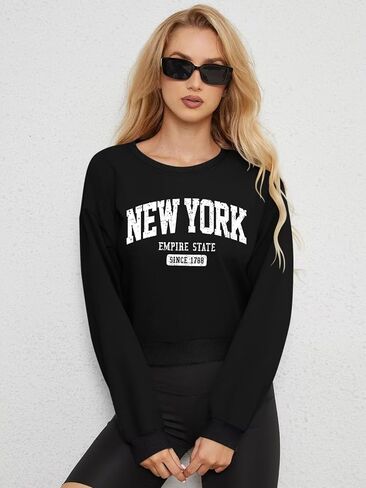 ORANDESIGNE Womens Cropped Letter Printed Sweatshirts Graphic Crewneck Long Sleeve Pullover Casual Loose Fit Tops in Saudi Arabia