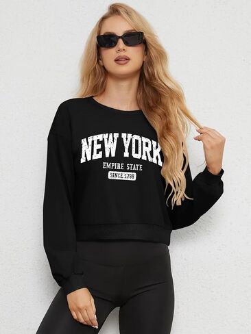 ORANDESIGNE Womens Cropped Letter Printed Sweatshirts Graphic Crewneck Long Sleeve Pullover Casual Loose Fit Tops in Saudi Arabia