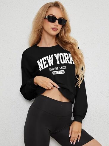 ORANDESIGNE Womens Cropped Letter Printed Sweatshirts Graphic Crewneck Long Sleeve Pullover Casual Loose Fit Tops in Saudi Arabia