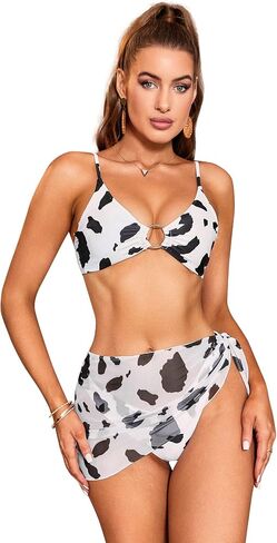 GORGLITTER Women's 3 Piece Cow Print Swimsuit High Waisted Thong Ring Bikini Set with Cover Up in Saudi Arabia
