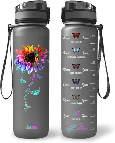 64HYDRO 32oz 1Liter Motivational Water Bottle with Time Marker, Colorful Sunflower You are My Sunshine HNH0508010 Black Water Bottle in Saudi Arabia