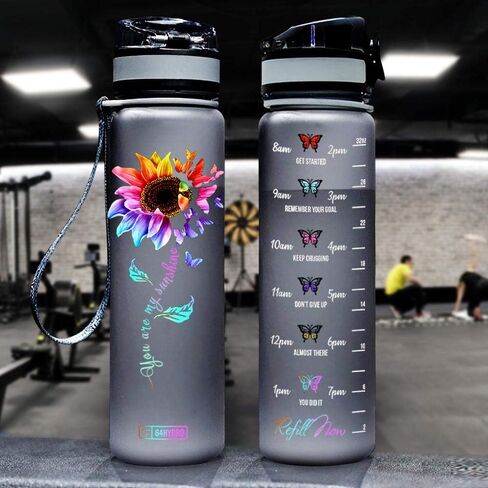 64HYDRO 32oz 1Liter Motivational Water Bottle with Time Marker, Colorful Sunflower You are My Sunshine HNH0508010 Black Water Bottle in Saudi Arabia