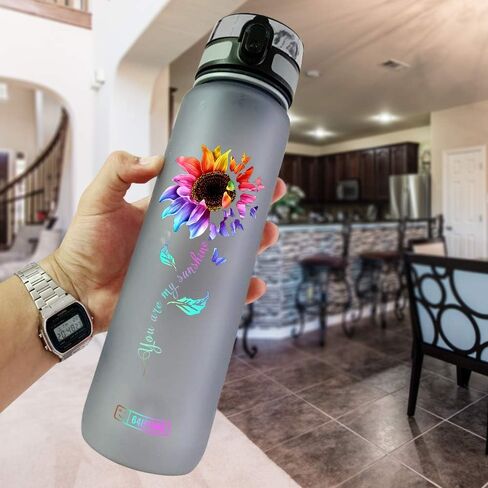 64HYDRO 32oz 1Liter Motivational Water Bottle with Time Marker, Colorful Sunflower You are My Sunshine HNH0508010 Black Water Bottle in Saudi Arabia