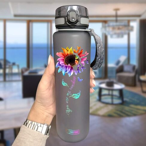 64HYDRO 32oz 1Liter Motivational Water Bottle with Time Marker, Colorful Sunflower You are My Sunshine HNH0508010 Black Water Bottle in Saudi Arabia
