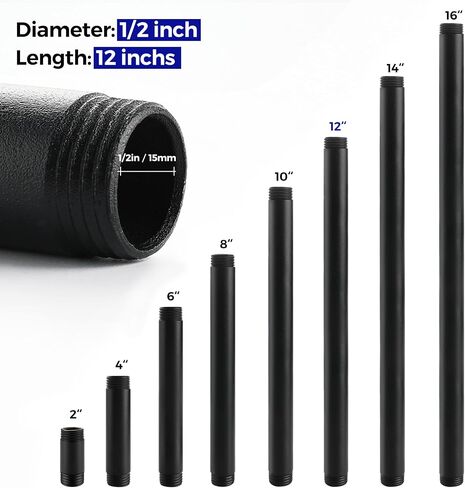 1/2"x 12" Black Painted Industrial Pipe - Home Expert 10 Pack Black Malleable Cast Iron Pipe Heavy Duty Pre Cut Metal Pipe Threaded Gray Pipe Fitting for Industrial Vintage Style DIY Project in Saudi Arabia