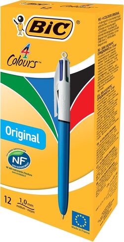 Bic 4 Colours Original Pens, Multi Coloured Pens All In One, Retractable Ballpoint Biro Pens, Green, Blue, Red, Black, 12 Pens Per Pack, 1 Pack in Kuwait
