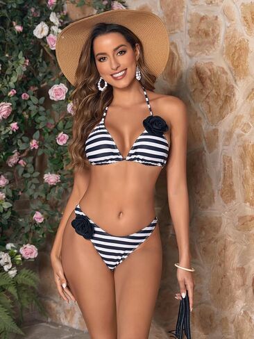 Women's 2 Piece Solid 3D Flower Halter Bikini Set Side Tie High Cut Triangle Swimsuit Bathing Suit Beachwear in Saudi Arabia