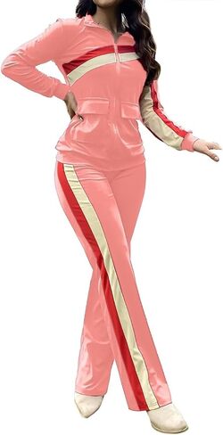 Flamingals Women's Casual Striped 2 Piece Outfits Zip Up Flap Pocket Retro Tracksuit Set 2024 Trendy in Saudi Arabia