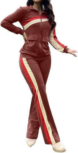 Flamingals Women's Casual Striped 2 Piece Outfits Zip Up Flap Pocket Retro Tracksuit Set 2024 Trendy in Saudi Arabia