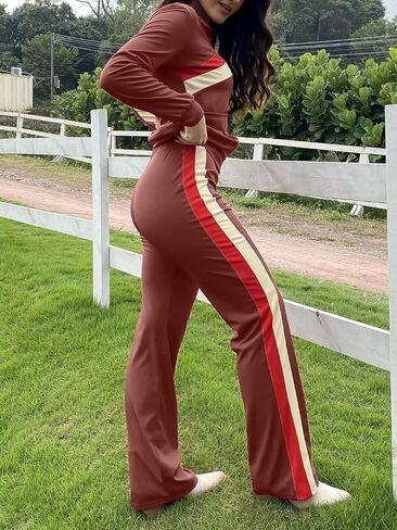Flamingals Women's Casual Striped 2 Piece Outfits Zip Up Flap Pocket Retro Tracksuit Set 2024 Trendy in Saudi Arabia