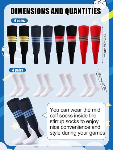 مجموعة مكونة من 8 أزواج من ركاب البيسبول تتضمن 4 أزواج من ركاب البيسبول و4 أزواج من جوارب البيسبول ذات البطانة الصحية، جوارب رياضية ذات أداء رياضي للكرة اللينة مخططة من أجل لعبة البيسبول للبالغين in Kuwait