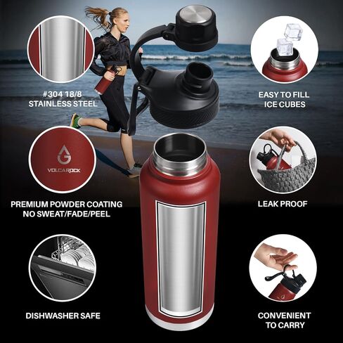 Insulated Sports Water Bottle with Straw Lid Dustproof, 3 Lids, 24/32/40/64 oz Dishwasher Safe & BPA Free Double Wall Stainless Steel Water bottle, Leakproof & Sweat Free -40 Oz Brick Red in Saudi Arabia