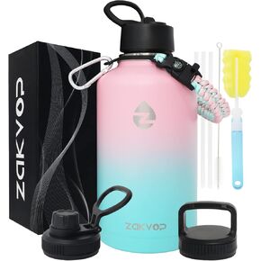 64 oz Insulated Water Bottle with Straws&3 Lids, Half Gallon Water Bottle Stainless Steel Double Walled, Big Water Jug with Paracord Handle, Large Metal Water Bottle for Gym