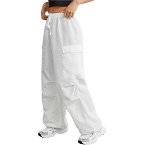 OYOANGLE Women's Baggy Drawstring Parachute Pants Y2k Flap Pocket Cargo Pants Loose Fit Street Pants