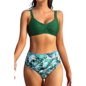 SHEKINI Women's High Waist Bathing Suit Ruched Bralette Bikini Two Piece Swimsuit