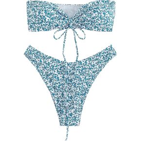 WDIRARA Women's 2 Piece Bandeau Swimsuits Floral Print Tie Front Sexy Bathing Suit High Cut Strapless Cheeky Bikini Set