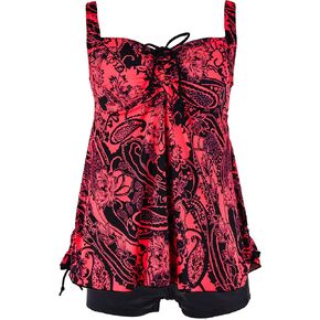 Septangle Women's Two Piece Bathing Suits Swim Suit Paisley Pattern Athletic Tankini Swimsuit with Shorts (Red,US 22)