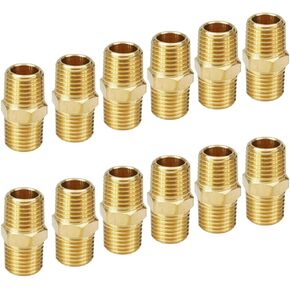 HQMPC Solid Brass Pipe Fitting Gas Connect Adapter Brass Union Coupler Adapter Gas x Flare Fittings Male Pipe, Hex Nipple 1/4"NPT 6Pcs