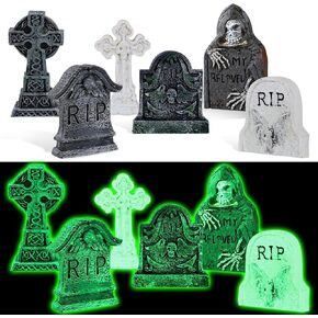 YLOLUL 6 Pcs Fluorescent Halloween Miniature Tombstones Mini Village Accessories Resin Halloween Figurines Glow in The Dark Tombstones Ornaments for Fish Tank Cake Decor Landscape DIY Crafts