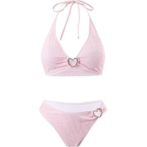 Women's 2 Piece high waisted Bikini Sets Ring Linked Halter Bathing Suit Wireless Textured Swimsuit