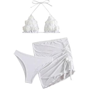 Milumia Women's 3 Piece Flower Applique Halter Triangle Bikini Swimsuits with Coverup Skirt in Kuwait