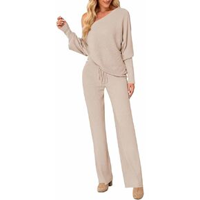Fixmatti Womens Knitted Outfits 2 Pieces Sweatsuit High Neck Sweater Wide Leg Pant Set