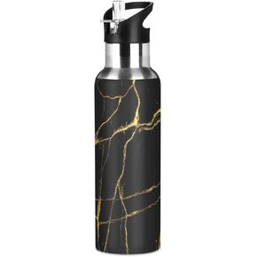 Beautiful Black And Gold Marble Texture Water Bottle Acuum Insulated Stainless Steel Leakproof Wide Mouth Kettle with Straw Lid for Fitness Gym Outdoor Sports