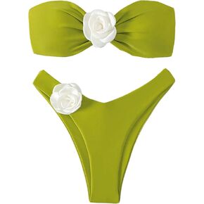 GORGLITTER Women's 2 Piece Strapless Swimsuit 3D Floral Bikini Top and High Cut Thong Bathing Suit