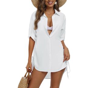 Bathing Suit Cover Up for Women Swimwear Drawstring Button Down Shirt Dress Beach Bikini Swimsuit Coverup