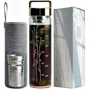 23 oz Borosilicate Glass Water Bottle with Handle Lid - Motivational Sports Drinking Bottle with Neoprene Sleeve (Gold)