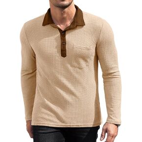 Men's Knit Long Sleeve Polo Shirts Casual Shirts Lightweight Waffle Texture Slim Fit Polo Shirts for Men with Pocket