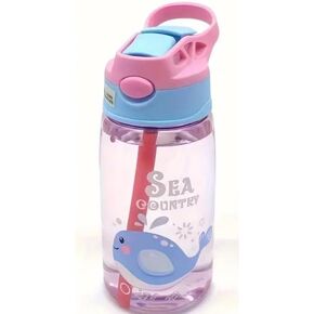 Cartoon Water Bottle with Straw, 16 oz, BPA-Free, Dishwasher Safe, Suitable for Kids and Adults, Outdoor Camping, Picnic, Travel (Blue Whale), Pink, LH75904