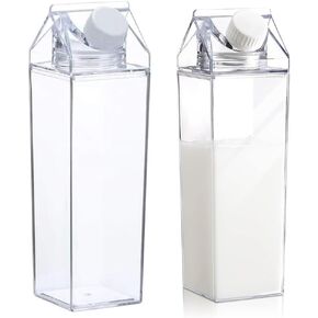 2 Pack Milk Carton Water Bottles 34oz/1000ml Leak Proof Plastic Water Bottle Reusable BPA Free Sports Water Bottle Carton Shaped Juice Milk Bottle for Gym Camping Hiking Travel Sports, Dishwasher Safe