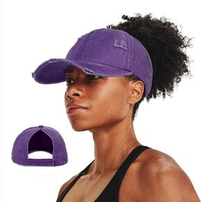 Women Backless Baseball Cap High Ponytail Snapback Curl Caps Washed Distressed High Messy Bun Ponycap