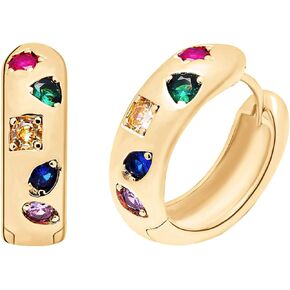 18K Gold Plated Small Chunky Hoops Earrings, Multi-Colored Cubic Zirconia Hoop Huggie Earrings, Thick Lightweight Gold Hoop Earrings for Women, 925 Sterling Silver Post Huggie for Women Girls