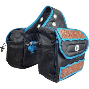 Tahoe Tack Turquoise Flower 1680D Nylon Western Saddlebags with Hand Tooled Leather Accents and 2 Year Warranty