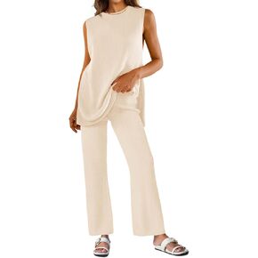 Tankaneo Womens Sweater Sets Sleeveless Knit Tank Tops Matching Pants Sets 2 Piece Beach Vacation Fall Outfits