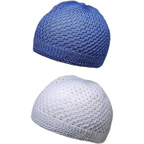 Set 2 Pcs Muslim Beanie Cap Amn-418 Blue and White Color Islam Kufi Prayer Knit Hat Crochet Taqiyah Takke Skull Topi Eid Ramadan Gift