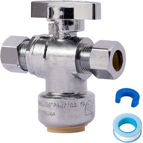 SUNGATOR Dual Compression Outlet Stop Valve, 1/2" Push-to-Connect x 3/8" Compression Push Fit Shut Off Water Valve with Disconnect Clip & Tape, Chrome Plated No Lead Brass for PEX, Copper, CPVC