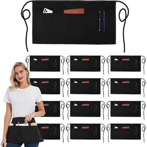 DUSKCOVE 12 Pack Server Aprons with 3 Pockets - Waitress Aprons for Women Men Water Resistant Half Aprons with Added Long Waist Strap