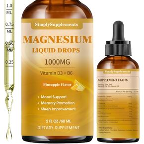 Magnesium Glycinate Liquid Drops with Citrate and Taurate, Triple Magnesium Complex 1000mg with L-Theanine, Vitamin D3 & B6 for Sleep, Calm and Muscles , High Absorption, Pineapple Flavor, 2 Fl Oz