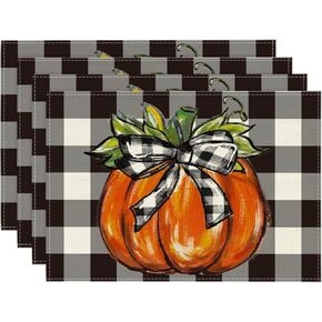 Artoid Mode Buffalo Plaid Pumpkin Fall Placemats Set of 4, 12x18 Inch Seasonal Autumn Table Mats for Party Kitchen Dining Decoration