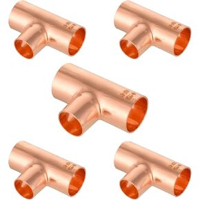 (Pack of 5) EFIELD 1" x 1" x 3/4" C X CX C Copper Tee, LF Copper Plumbing Fittings with Sweat Solder Connection