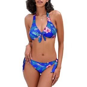 Women's Sexy Swimsuits Two Piece Front Tie Back Floral Print Push Up Halter Bandage Bikini Tie Side Swimwear