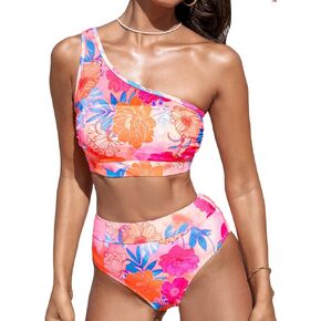 CUPSHE Women's Bikini Sets Two Piece Swimsuit High Waisted One Shoulder Asymmetrical Neck Cutout Underwire Push Up