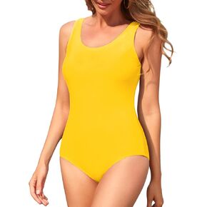 Athletic One Piece Bathing Suits for Women Criss Cross Back Swimsuit Teens Modest Training Swimwear Yellow 10-12