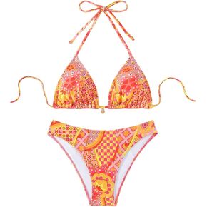 Women's Floral Print Bathing Suit High Waisted Halter Swimsuit Bikini Set
