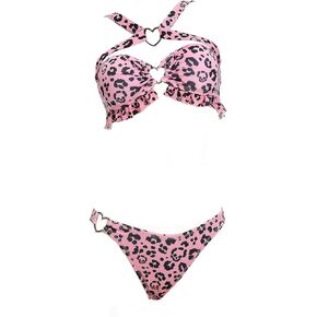 MEOWCOS Unique Skull Leopard Print Two-Piece Swimsuit Pink Halter-Style Top and Panty Bottom
