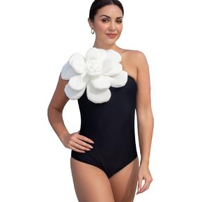 SPORLIKE Women One Piece Swimsuit 3D Flower One Shoulder Bathing Suit Padded Monokini