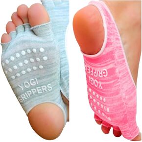 Grip Socks for Women Open Toe & Heel Pilates Non Slip Socks Womens Pilates Socks with Grips for Women Grippers Socks No Slip Socks Women Sox Cute 2 Pairs Pink Gray in Saudi Arabia